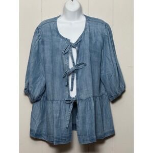 NWT Elan Women's Light Blue Tencel Chambray Front Tie Peplum Top Size M